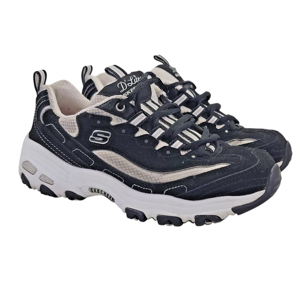 Skechers D'lites Women's Size 7 Black Memory Foam Laces Leather Sneakers Shoes